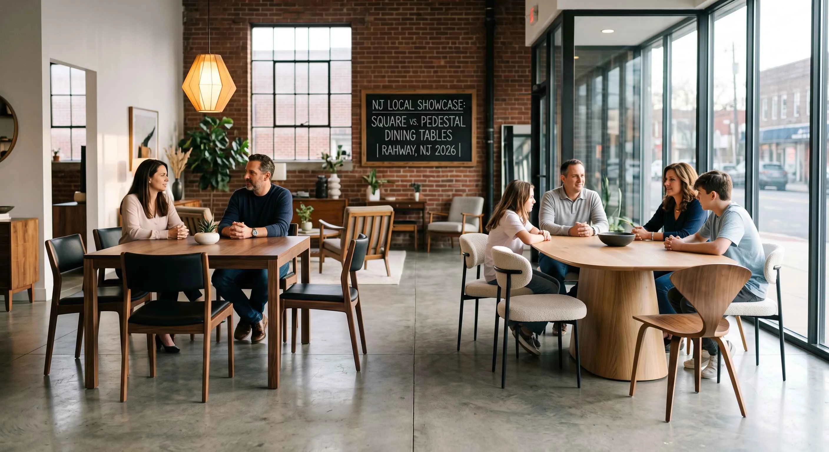A modern direct-to-consumer showroom comparison featuring a minimalist square dining table with corner legs on the left and a mid-century modern pedestal dining table with a central column base on the right.