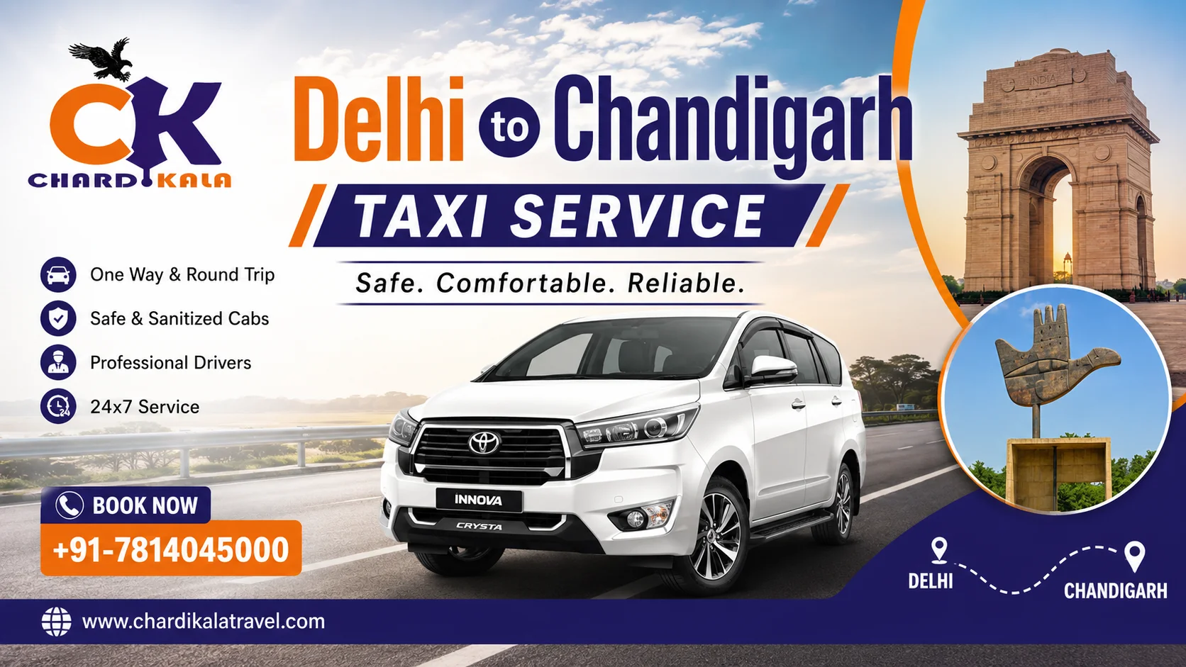 Delhi to Chandigarh Taxi Service – Comfortable, Affordable & 24/7 Cab Booking with ChardiKala Travel