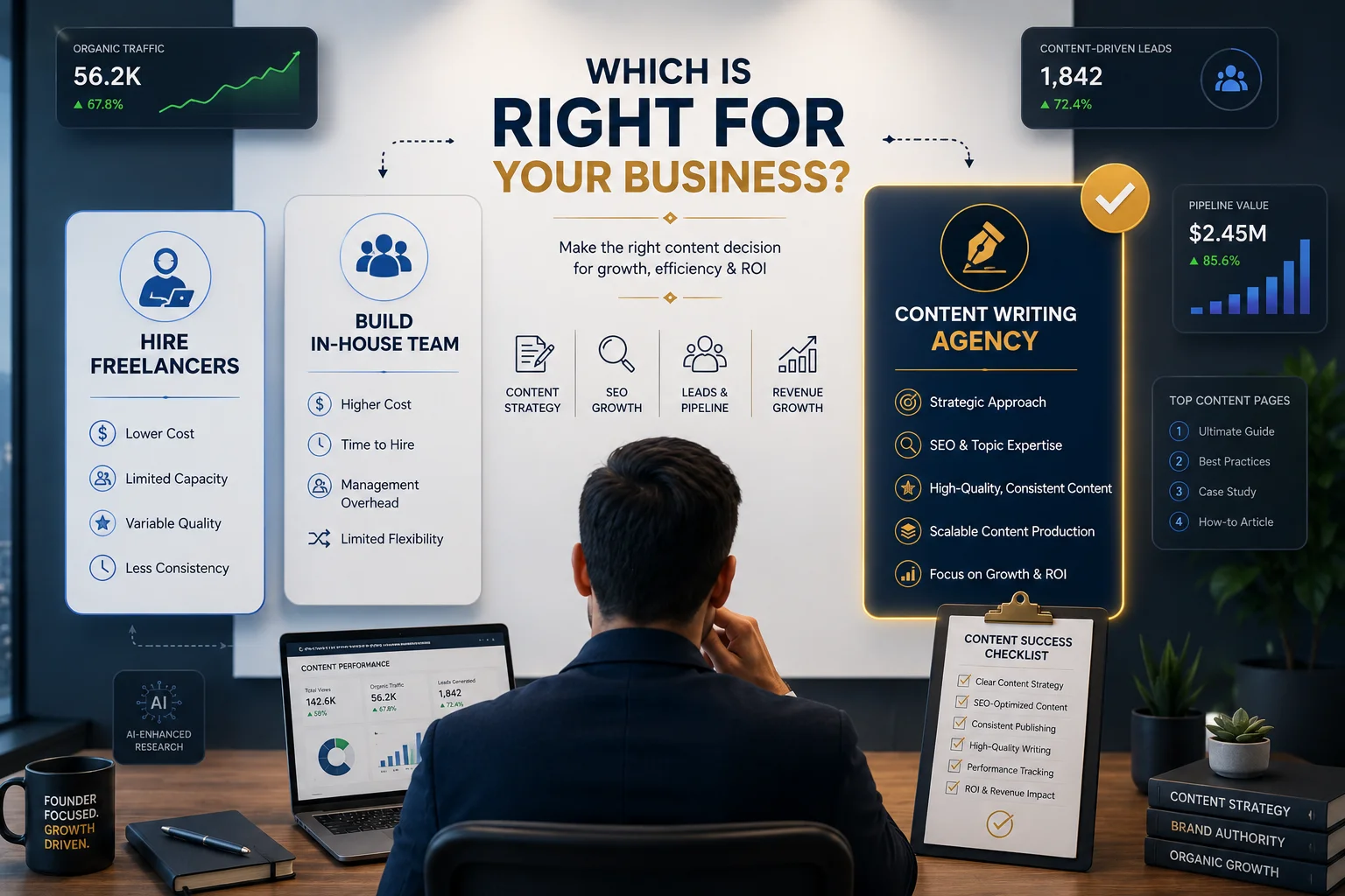 A simple decision framework to help founders choose between freelancers, an in-house team, and a content writing agency based on their business growth stage.