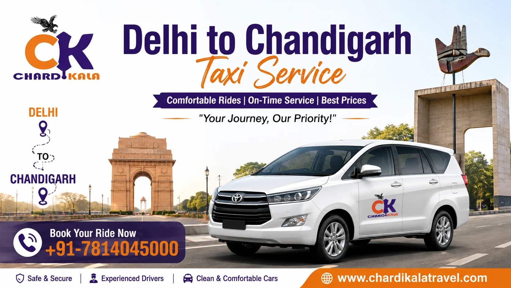 Delhi to Chandigarh Taxi Service by ChardiKala Travel: Comfortable, Reliable & Affordable Intercity Cabs