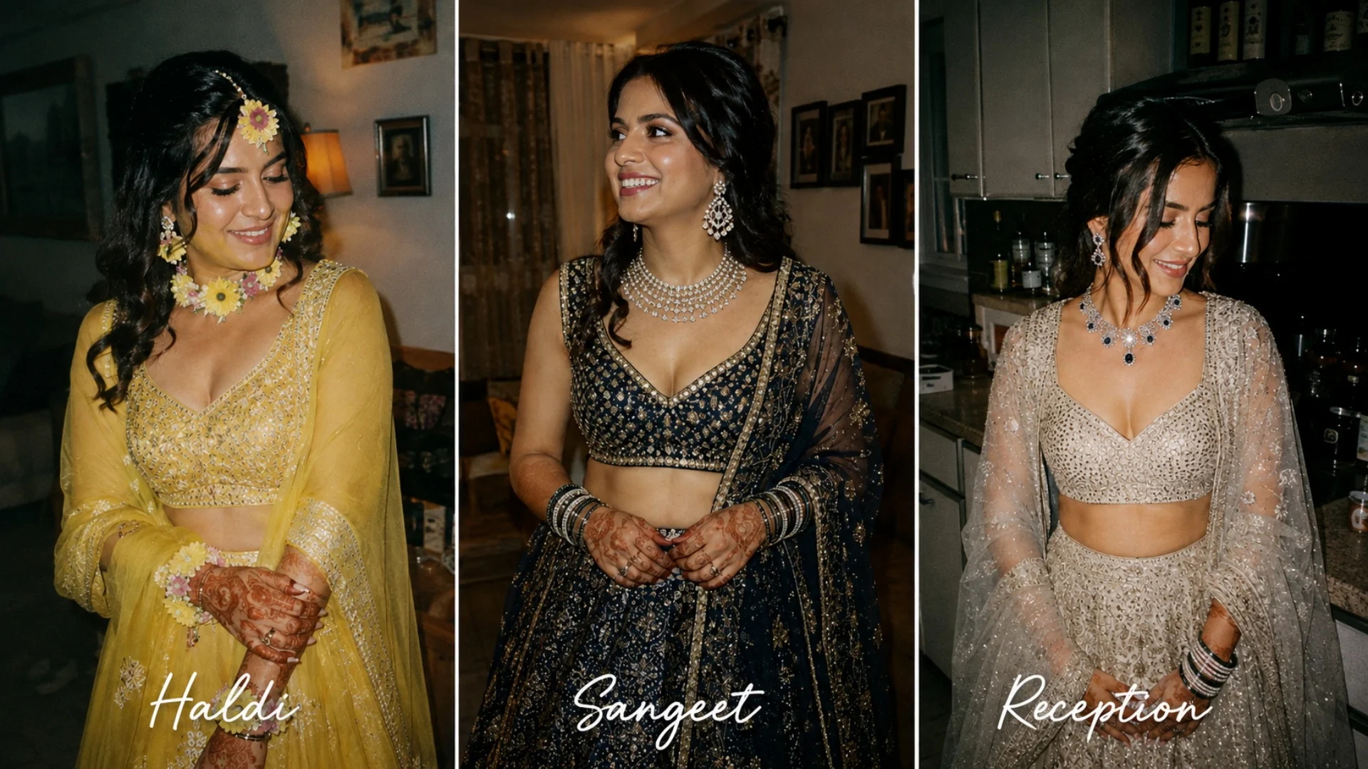 Three different Indian bridal looks for Haldi, Sangeet, and Reception, with jewellery changing for each function