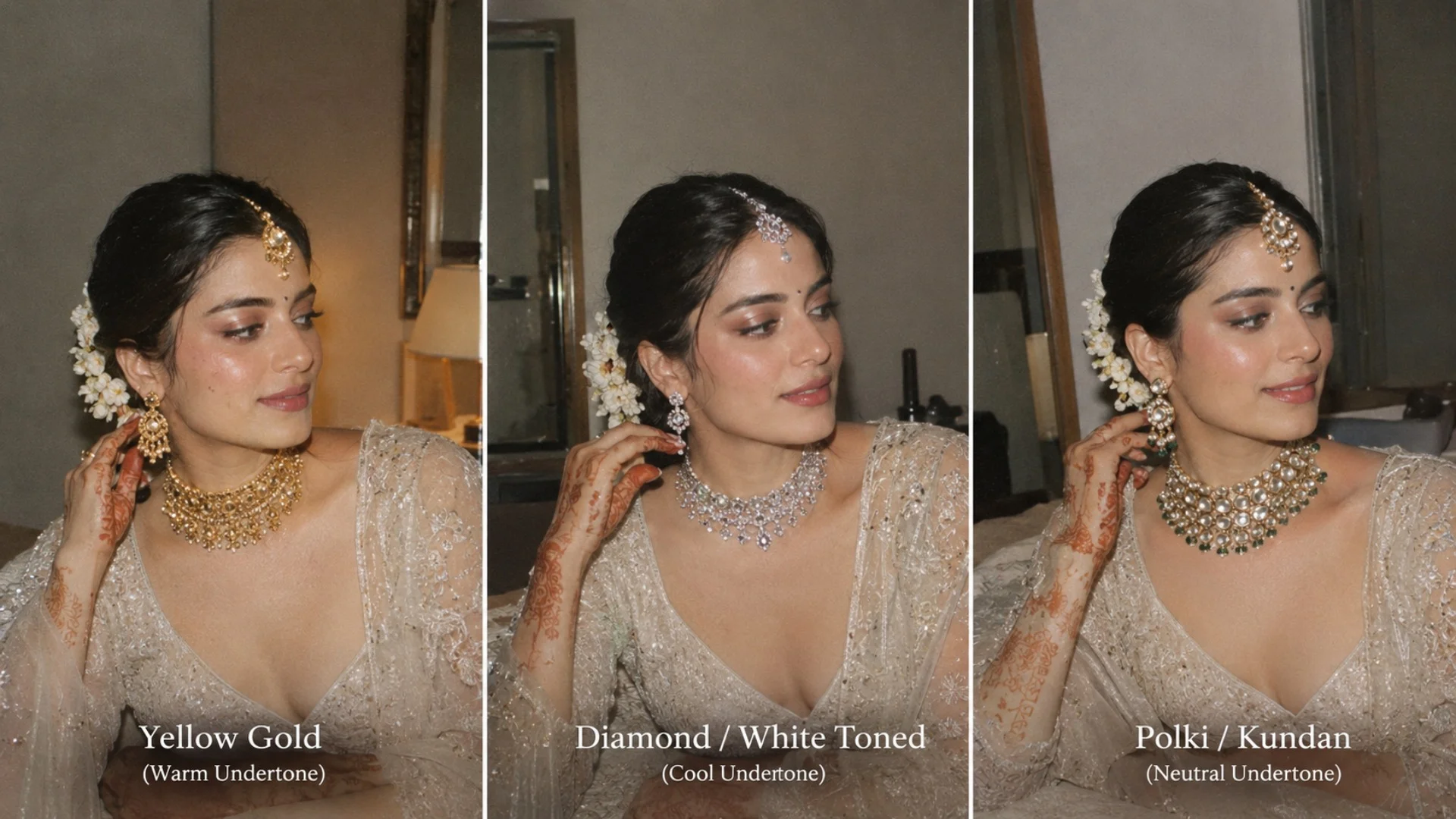 Indian bride trying different jewellery finishes, such as yellow gold, diamond/white-toned jewellery, and Polki or Kundan