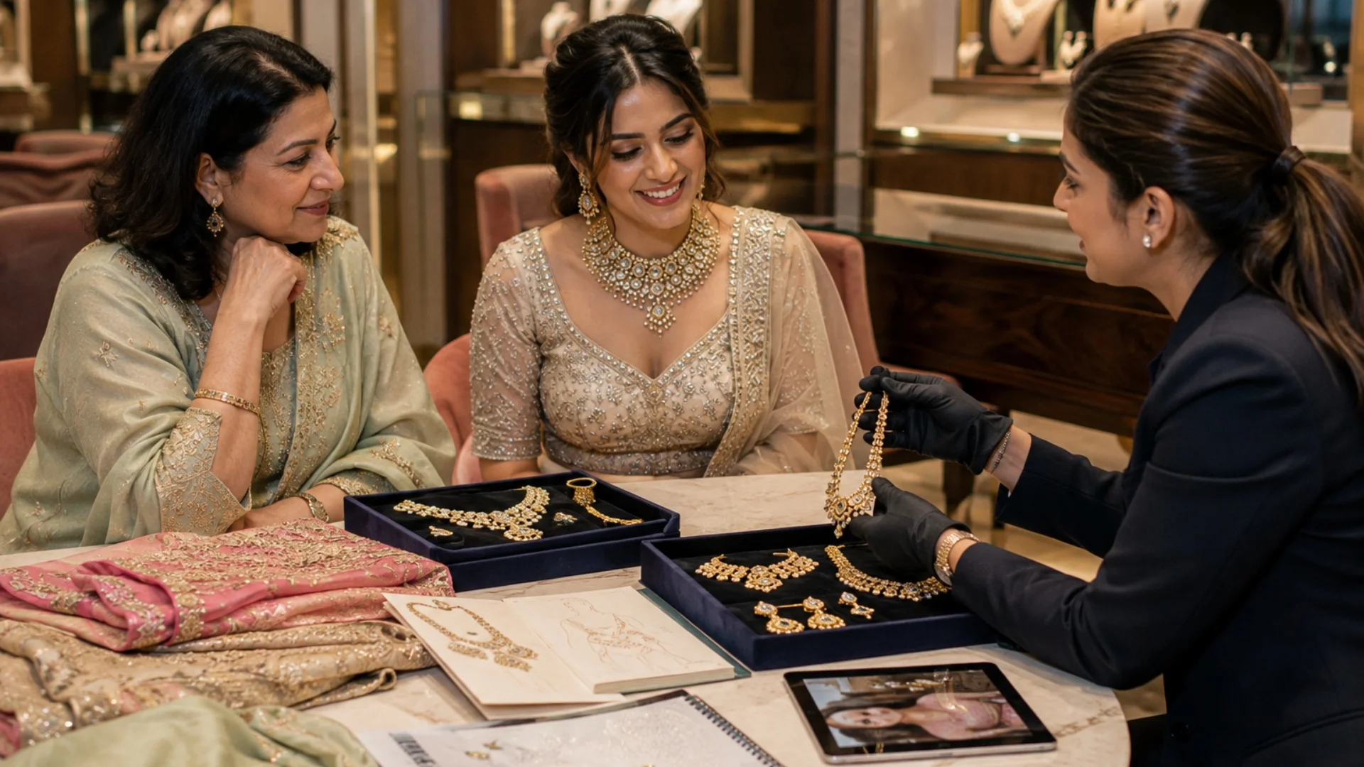 Bride and family member discussing jewellery options with a stylist at a premium jewellery setting