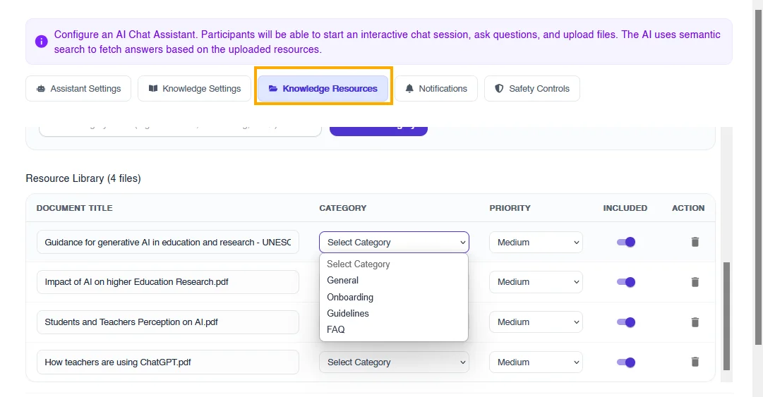 Figure 1: Research team configuring Knowledge Resources for the Study Assistant (Research Chatbot) based on specific requirements, including Onboarding, Guidelines, FAQs, and General information.