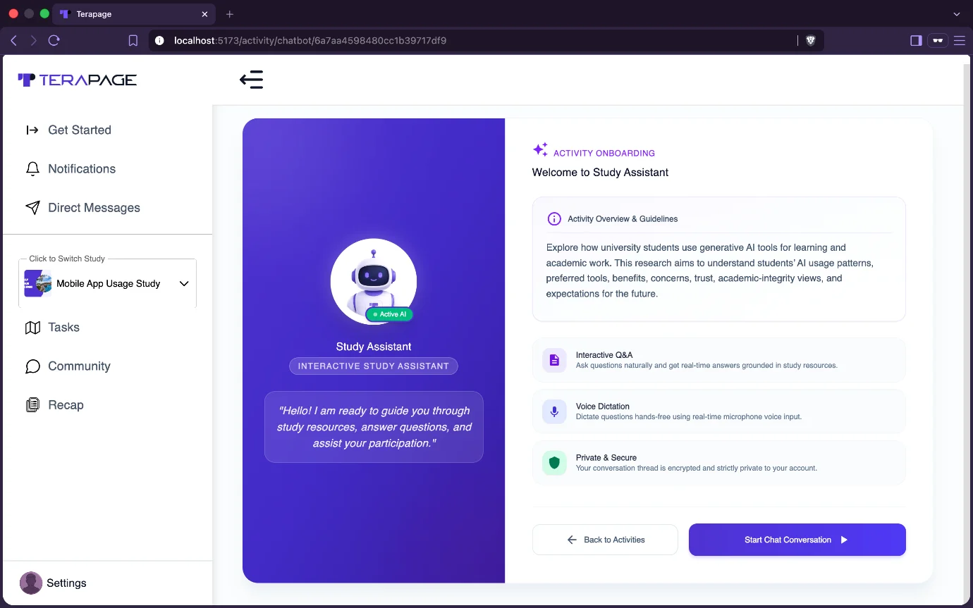Figure 2: The onboarding interface introduces participants to the AI-powered Study Assistant, highlighting interactive Q&A, voice dictation, and privacy features before they begin the chat conversation.