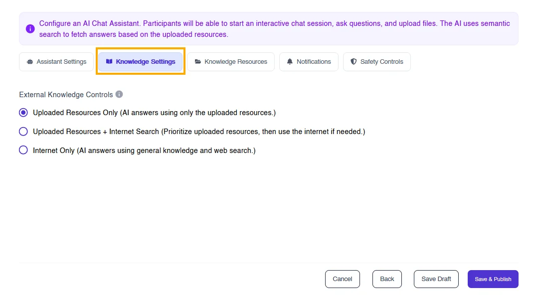 Figure 3: Research team configuring knowledge resources for the AI Research Chatbot (Study Assistant) on Terapage.
