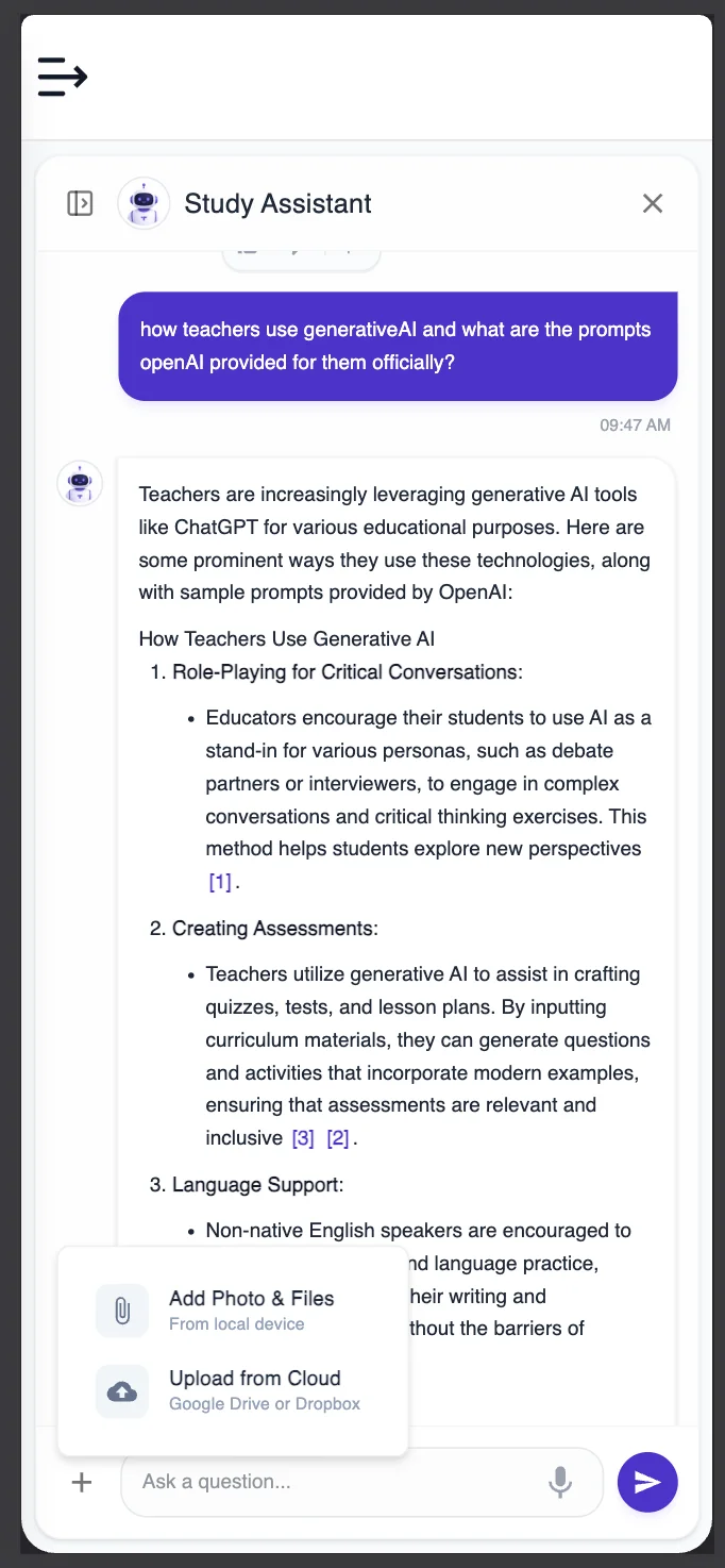 Figure 5: Study Assistant (Research Chatbot) enabling participants to upload photos and media files from their computer or cloud storage for a richer, multimedia research experience.