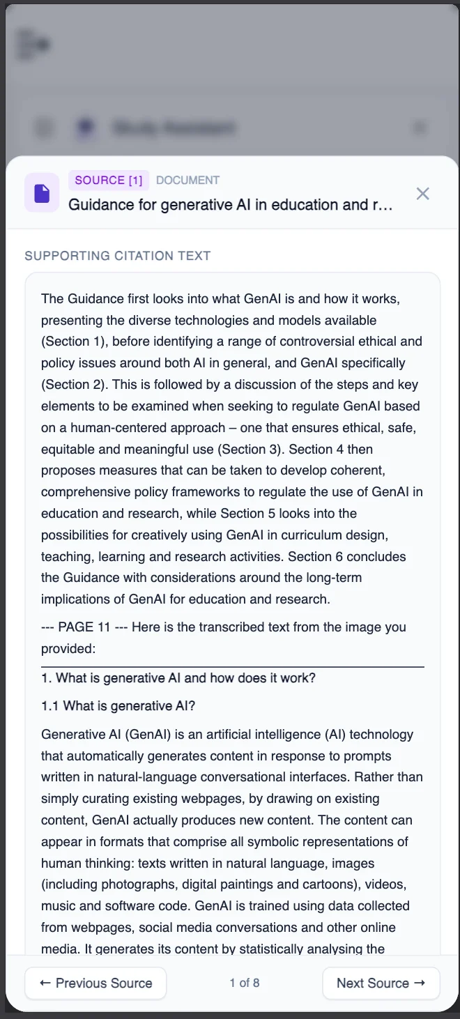 Figure 7: Participant reviewing the sources used by the Study Assistant to provide answers on Terapage.