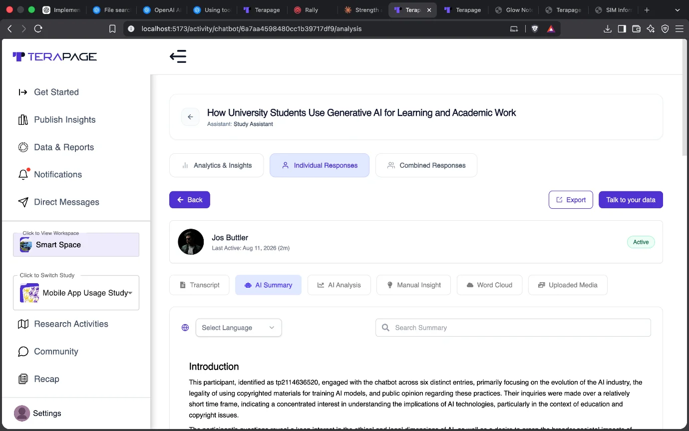 Figure 14: AI-powered conversation summaries with the Study Assistant help researchers quickly understand key topics, themes, responses, and emerging research insights.