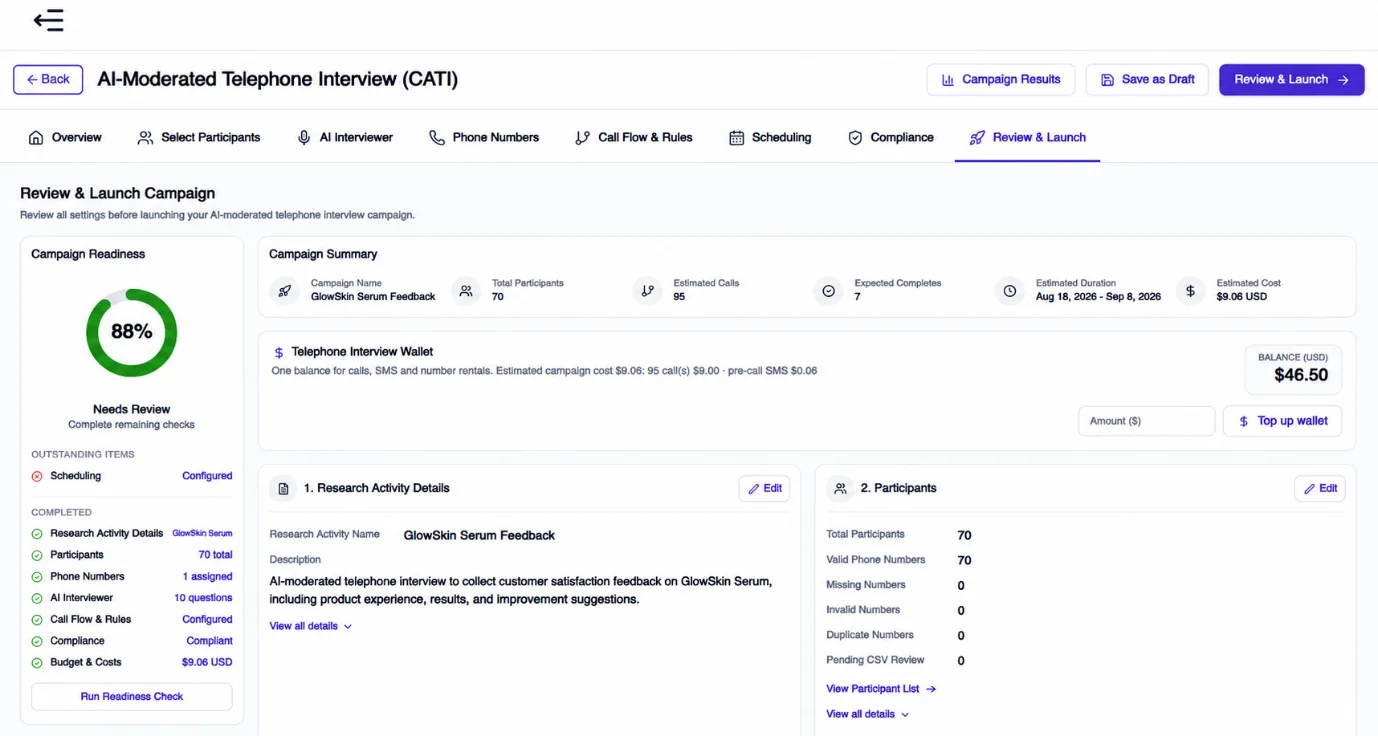 Figure 1: AI-powered CATI interface at Terapage before launch of the campaign.