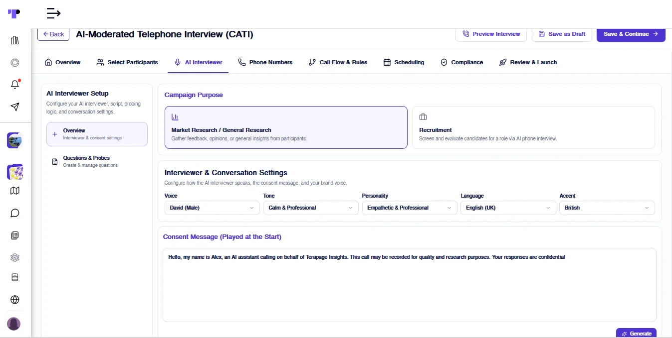 Figure 6: Researchers can configure the AI interviewer’s voice, tone, personality, language, and accent, while also setting a consent message to be played at the start of each telephone interview.