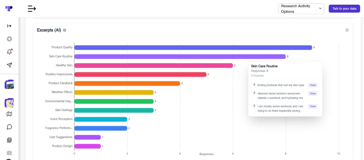 Figure 14: Terapage’s AI-powered insight tools analyse CATI interview transcripts, identify key themes, and extract relevant participant excerpts to help researchers uncover meaningful insights faster.