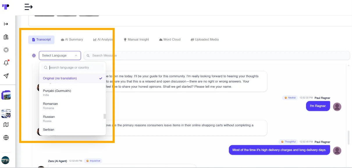Figure 15: Researchers can access AI-moderated CATI transcripts directly in their Terapage workspace, translate conversations into different languages, and examine responses in detail with marked sentiments.