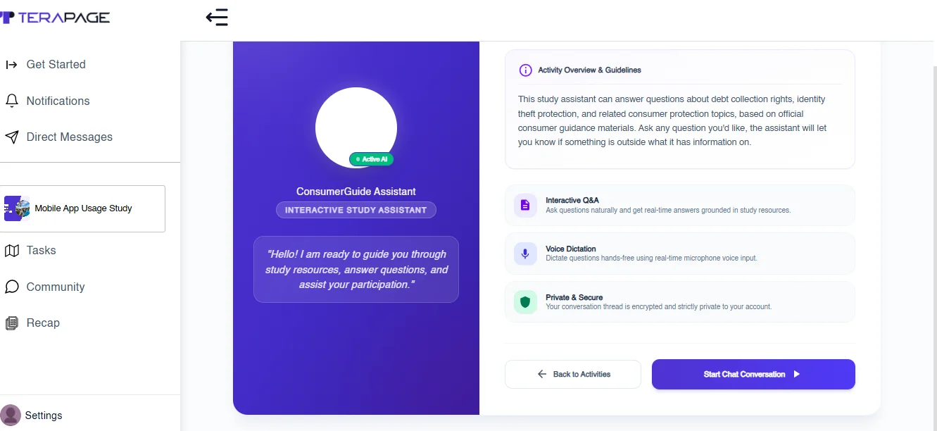 Figure 1: Interactive AI Study Assistant interface on Terapage, enabling participants to have two-way conversations, ask questions, receive study-specific guidance, and interact with research resources in real time.