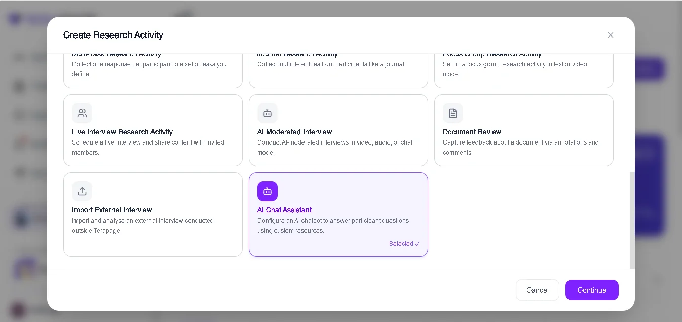 Figure 2: Researchers can create an AI Chat Assistant in Terapage by selecting it from the available research activities. The AI Chat Assistant can be configured to interact with participants and answer research-related questions.