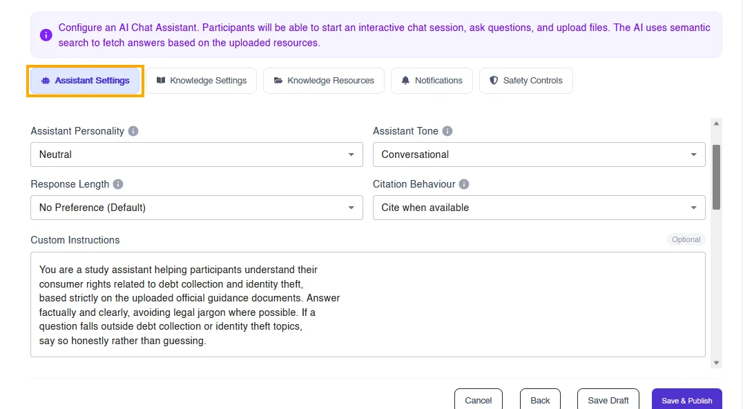Figure 3: Researchers can add custom instructions to the AI Chat Assistant by explaining what it is expected to answer and handle during conversations with participants.