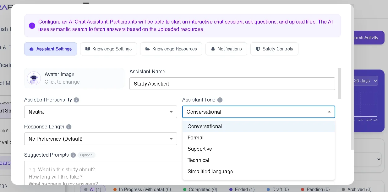 Figure 5: Terapage allows researchers to customize the AI Study Assistant's tone, helping create conversations that match the study's purpose and provide participants with a more natural and engaging experience.