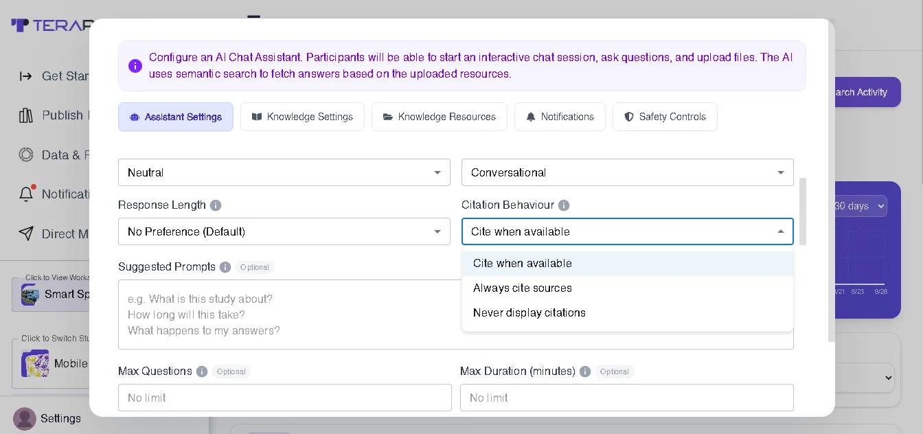 Figure 6: At Terapage, researchers can also configure the AI Chat Assistant's citation behaviour, choosing whether or not to display sources.
