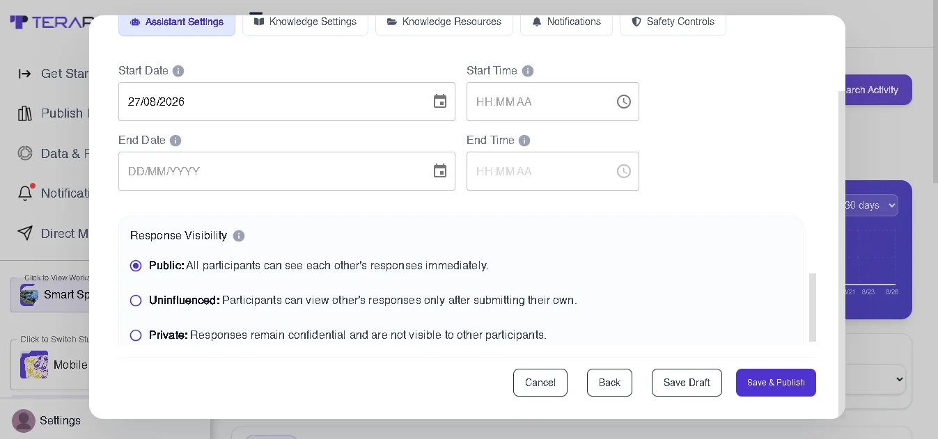 Figure 7: Researchers can configure additional details in Terapage, including the activity's start and end dates and response visibility.