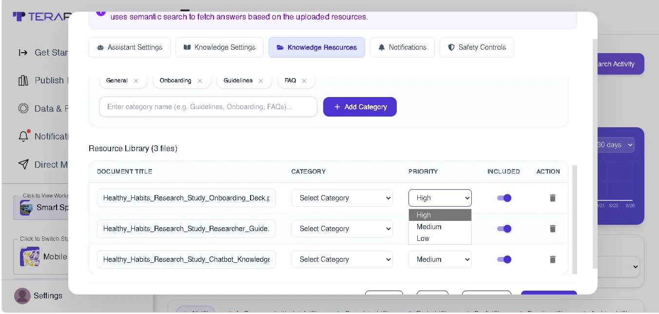 Figure 11: Terapage allows researchers to assign High, Medium, or Low priority to knowledge documents, helping the AI Study Assistant prioritize relevant research resources when generating responses.