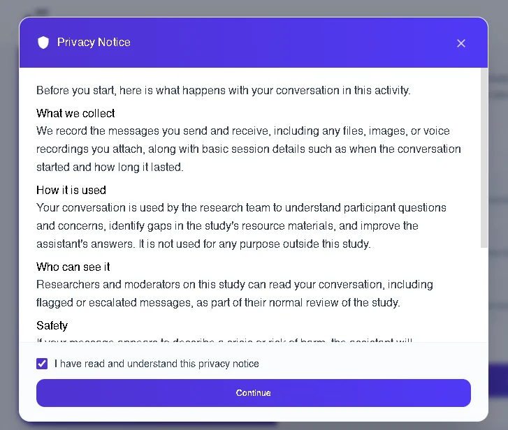 Figure 13: Terapage's privacy notice informs participants about conversation data, its use, and who can access it before they begin.