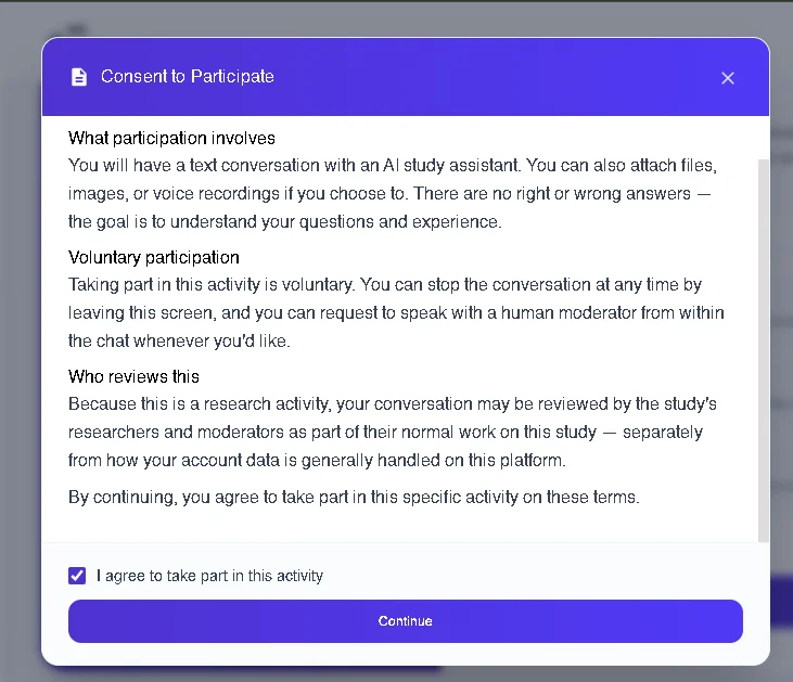 Figure 14: Terapage's participant consent screen clearly explains the study, voluntary participation, conversation review, and participant rights before they begin interacting with the AI Study Assistant.