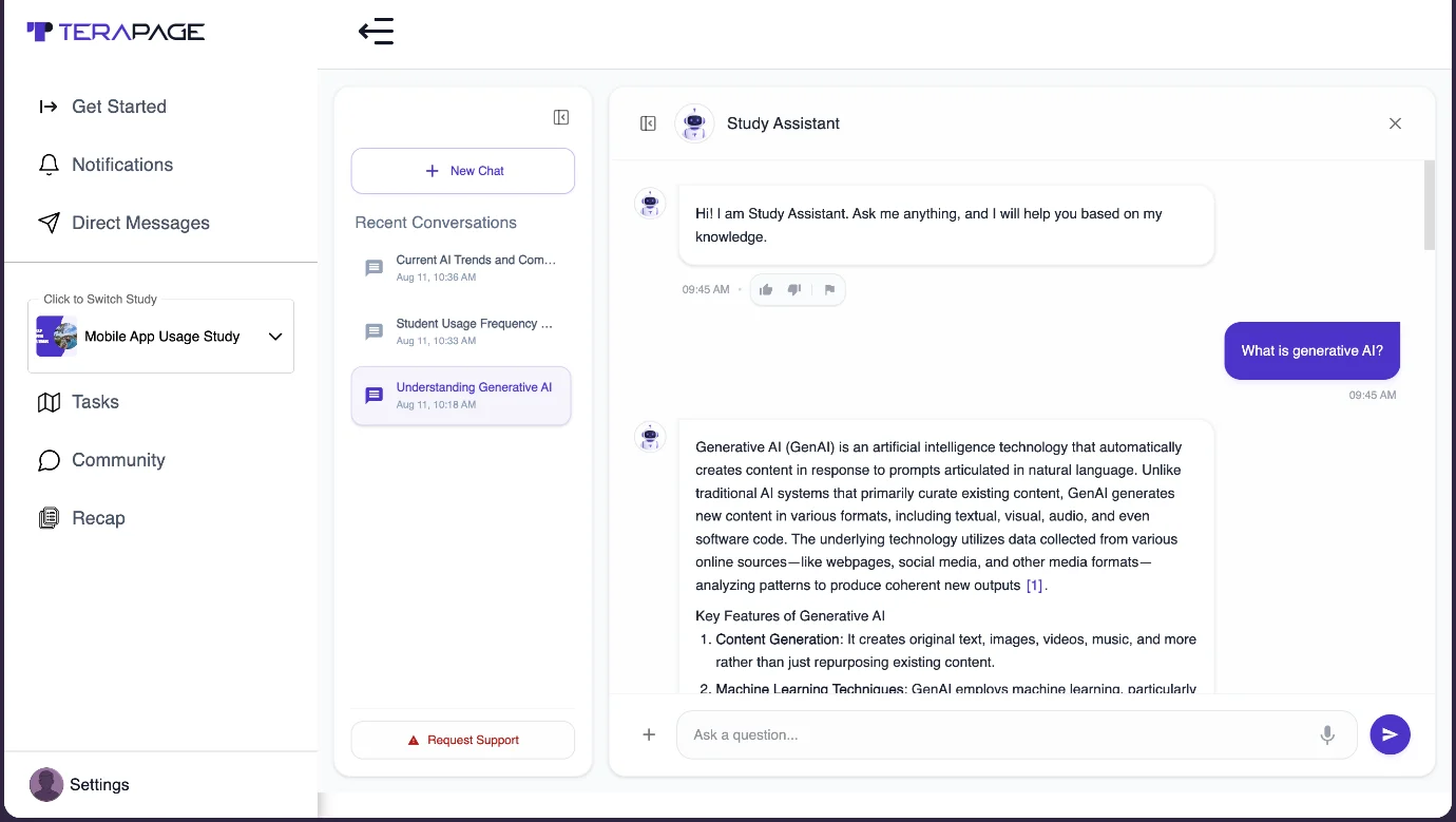 Figure 15: Participants can ask the AI Chat Assistant questions related to the research topic and receive real-time, conversational guidance throughout their study participation.