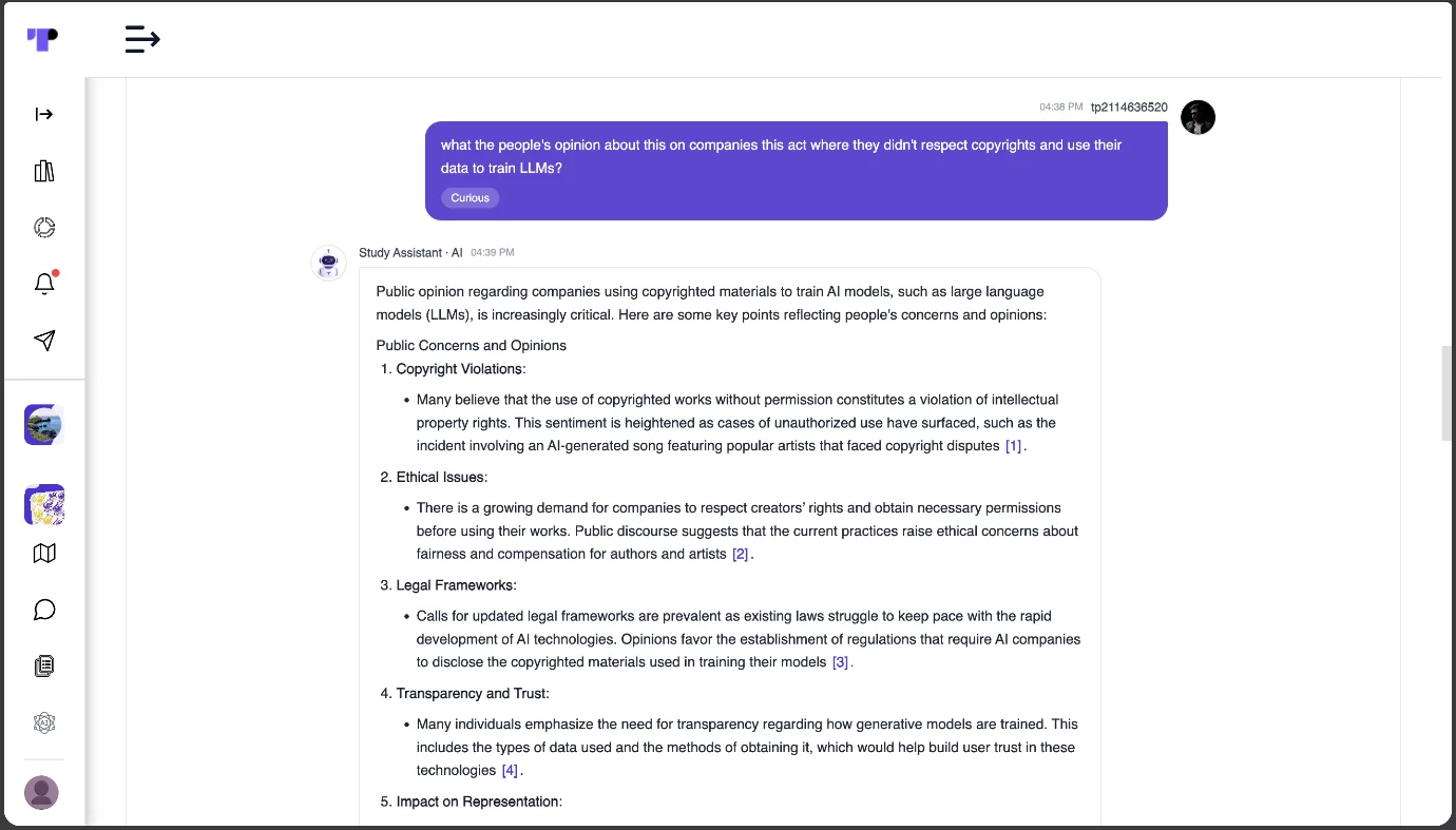 Figure 20: The AI Chatbot provides participants with detailed, context-aware answers based on uploaded study resources, including references to the relevant sources for greater clarity and transparency.