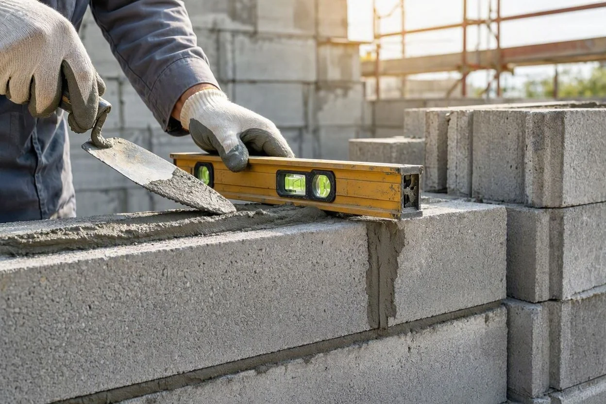 A skilled mason uses a level and trowel to ensure precise alignment and proper mortar placement during concrete masonry construction.