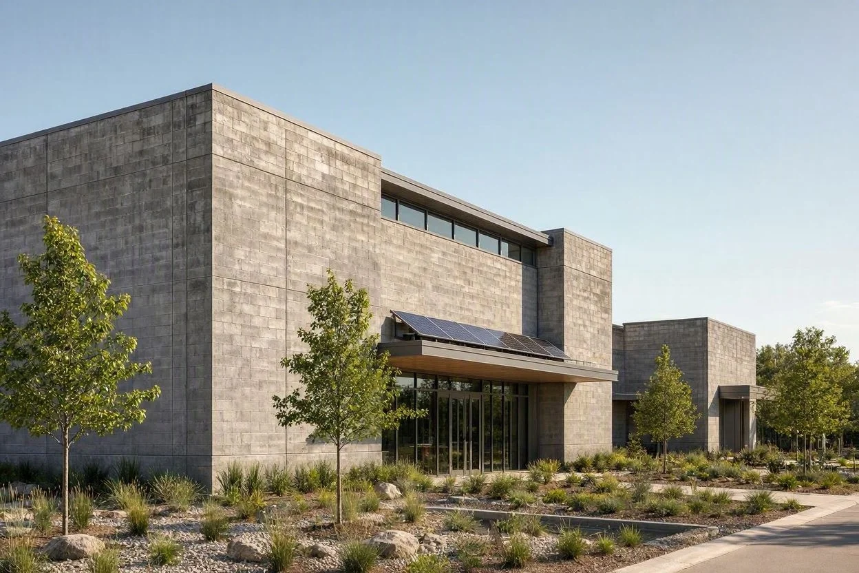 A modern commercial building showcases durable concrete masonry construction with clean architectural lines, landscaped surroundings, and energy-efficient design features.