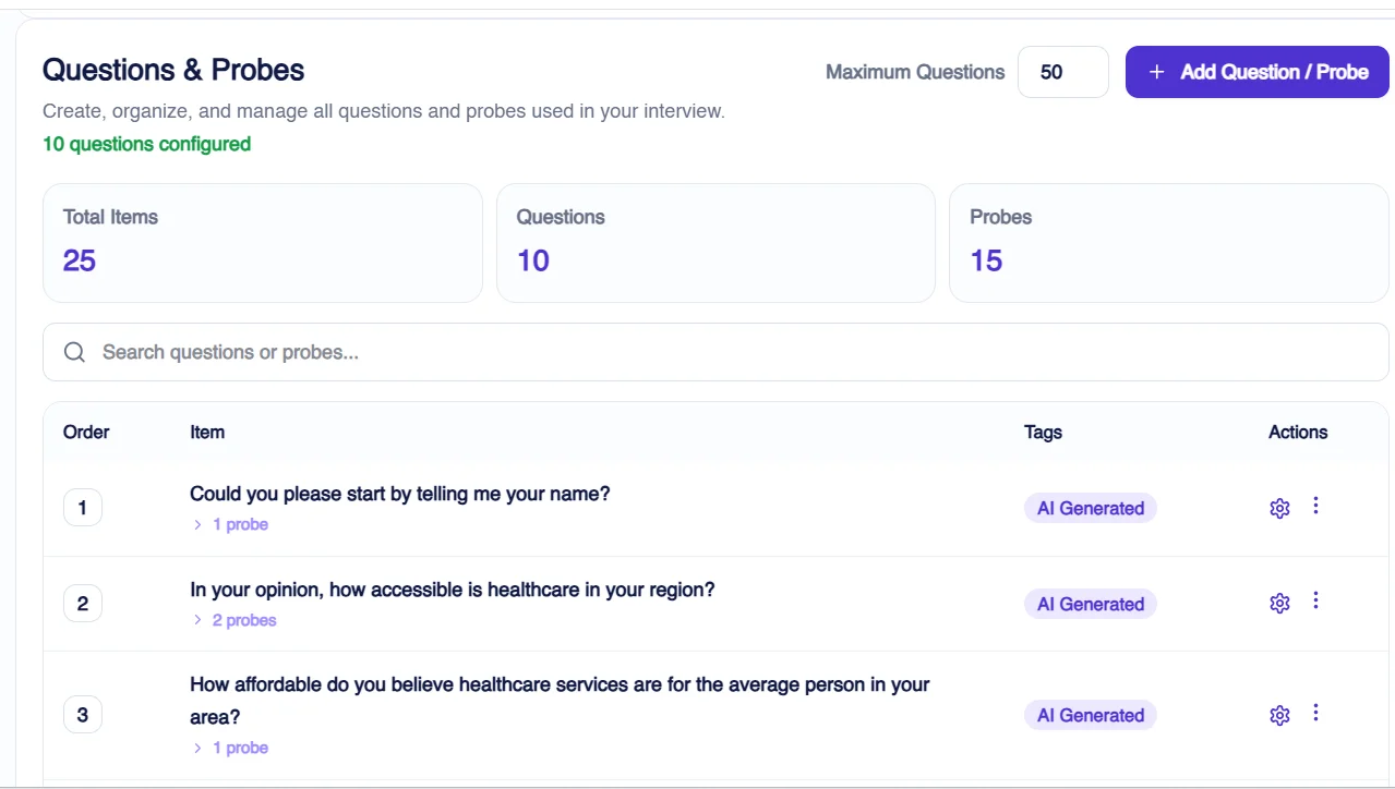 Figure 3: Researchers reviewing AI-generated interview questions and probes in Terapage, with the flexibility to add, edit, or remove questions for a refined AI-moderated telephone interview.