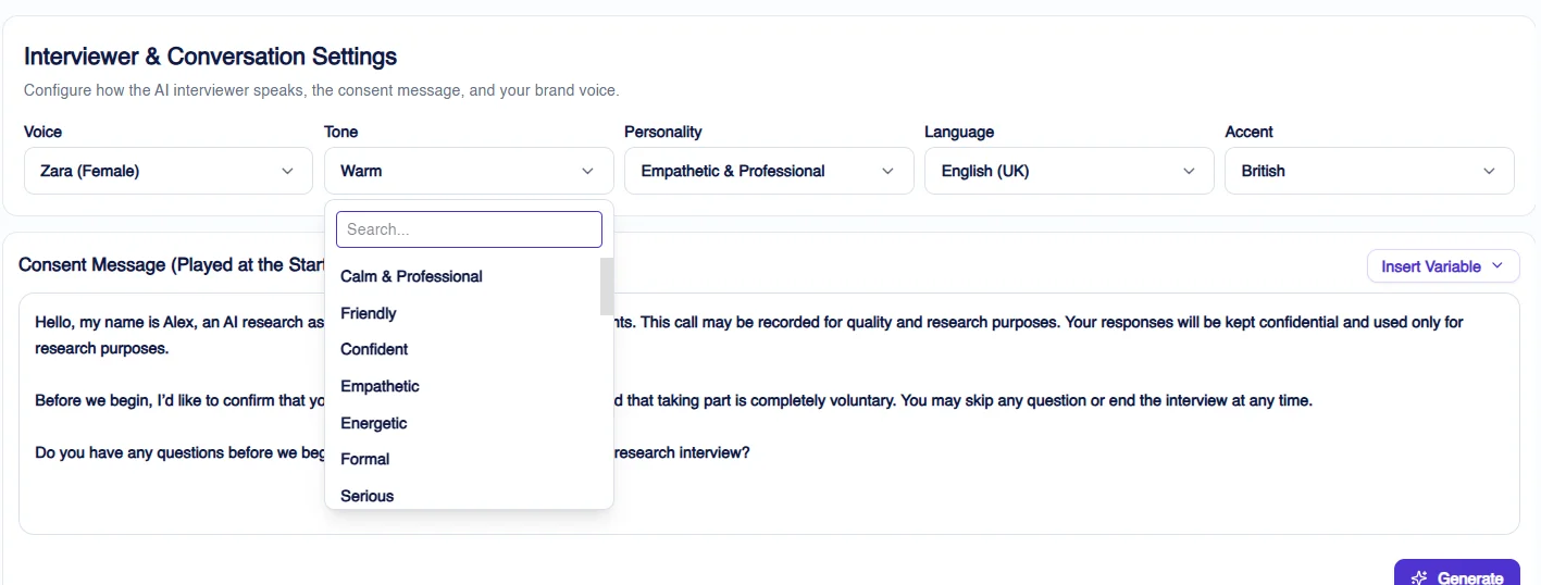 Figure 5: A wide variety of tones are available for AI moderators, allowing researchers to choose a tone that best fits their study requirements and research context.