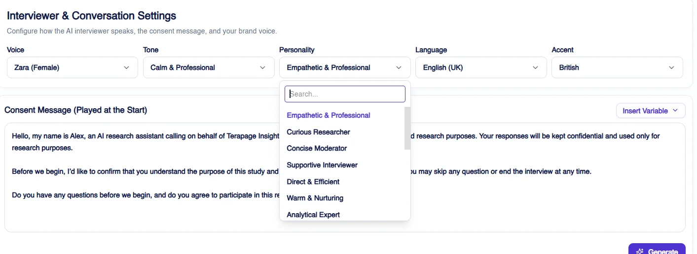 Figure 6: A wide variety of personalities are available for AI moderators, allowing researchers to select a personality that best fits their study requirements and research context.