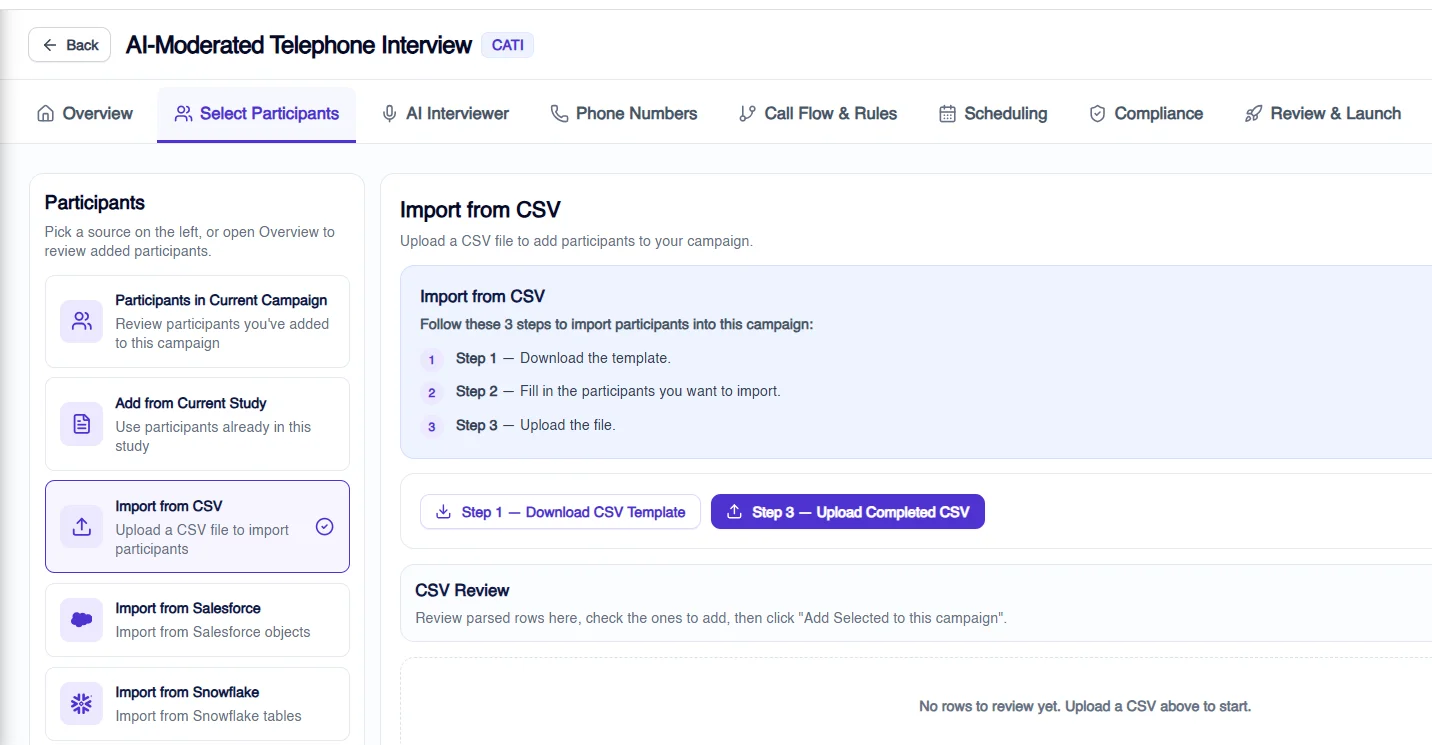  Figure 7: Researcher importing a participant list for AI-moderated telephone interviews or CATI at Terapage.