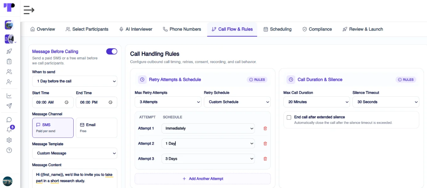 Figure 10: Researchers can configure CATI call flows and rules in Terapage, including pre-call SMS alerts, the number of call attempts, and maximum call duration for each interview campaign.