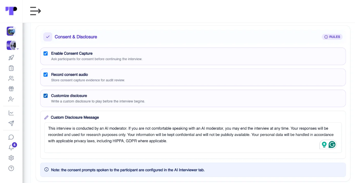 Figure 14: Terapage's AI-moderated telephone interviews or CATI allow researchers to configure participant consent during interview design.
