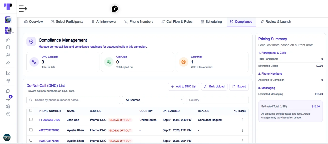 Figure 15: Terapage brings compliance controls into the CATI workflow, helping researchers manage consent and calling requirements as part of campaign setup.