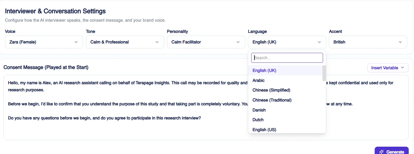 Figure 21: Researchers can configure the language and accent of the AI moderator during the AI-moderated interview setup, helping make interviews more accessible and suitable for participants across different regions and global research studies.