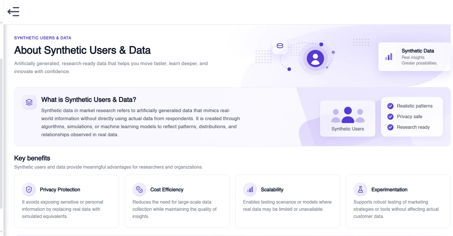 Figure 1: The Synthetic Users & Data module explains how research-ready synthetic data reflects real-world patterns while protecting participant privacy.