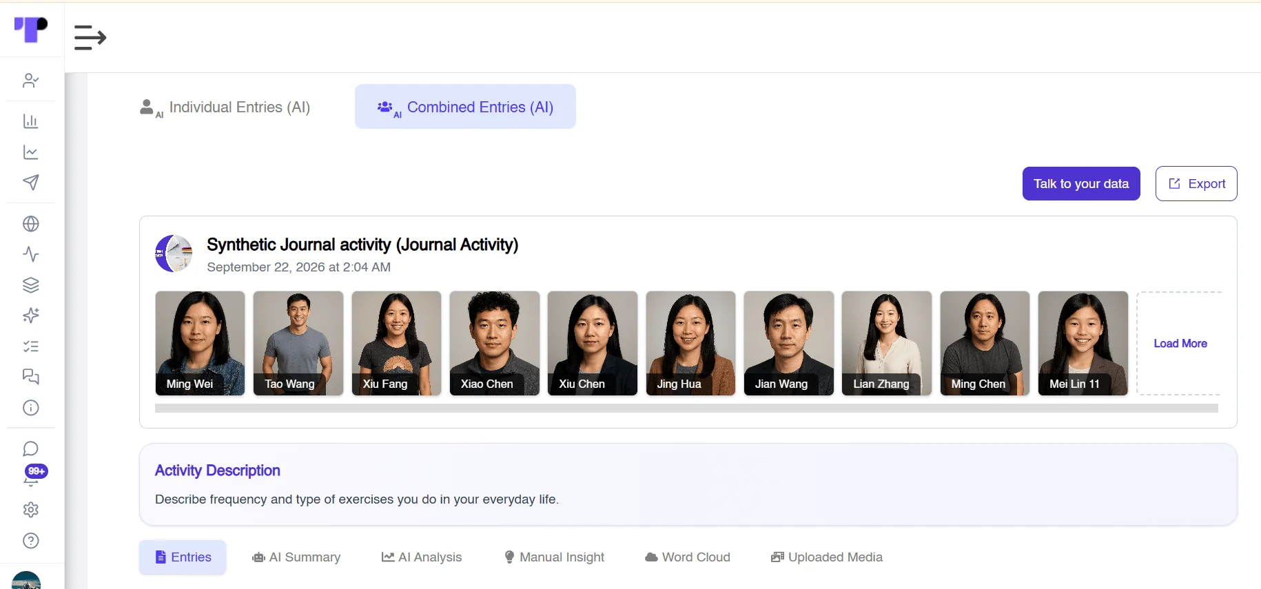 Figure 2: A synthetic journal activity completed by AI personas, with individual and combined AI-generated entries ready for analysis.