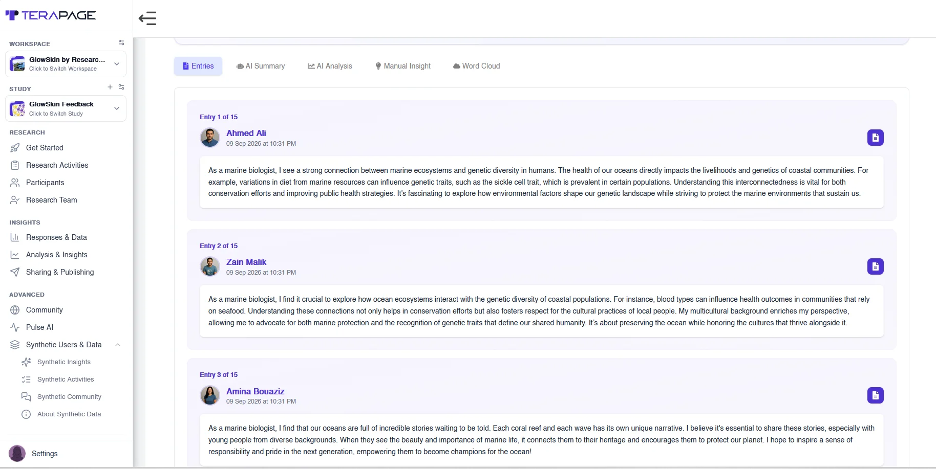 Figure 3: Synthetic text responses from AI personas, each written from the perspective of the profile it was built on.