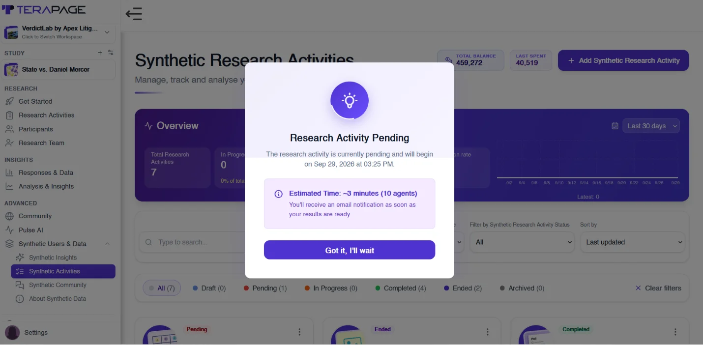 Figure 9: Synthetic activities run in minutes, with an email notification once results are ready.
