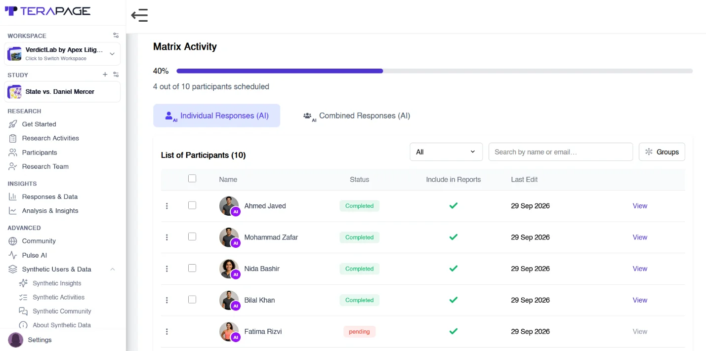 Figure 10: Each AI participant's completion status is tracked, and researchers choose which responses to include in reports.