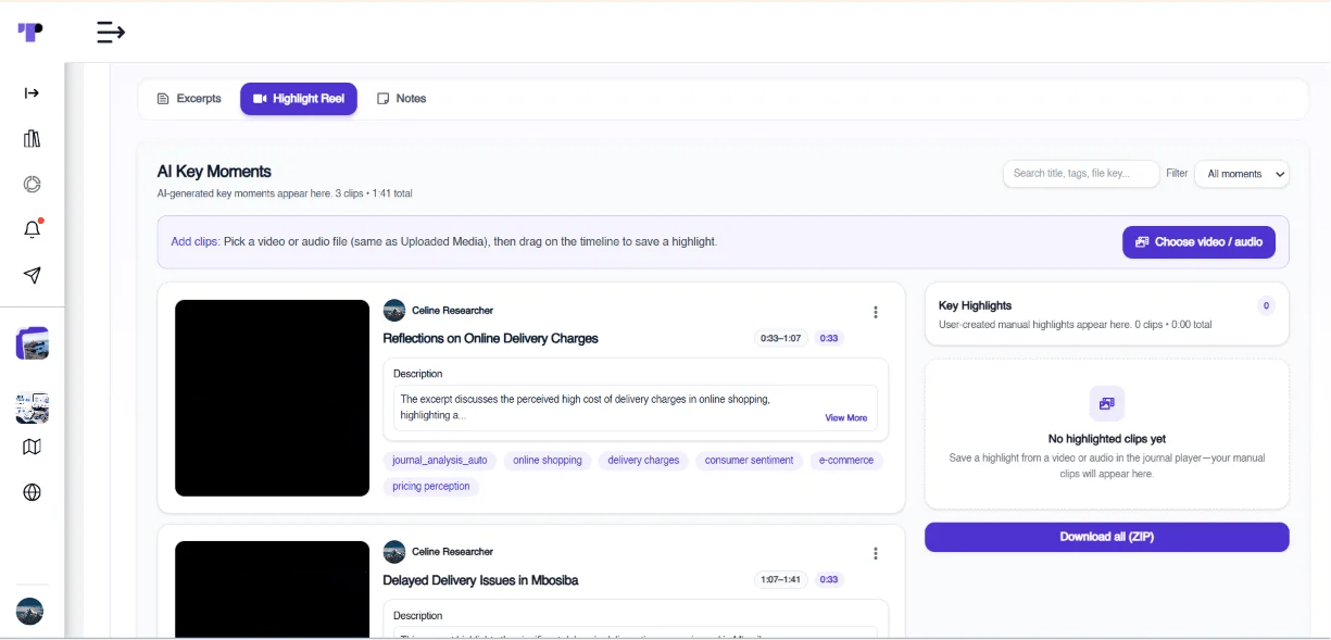 Figure 14: AI Key Moments automatically extracts the most insightful excerpts and tags them by theme.