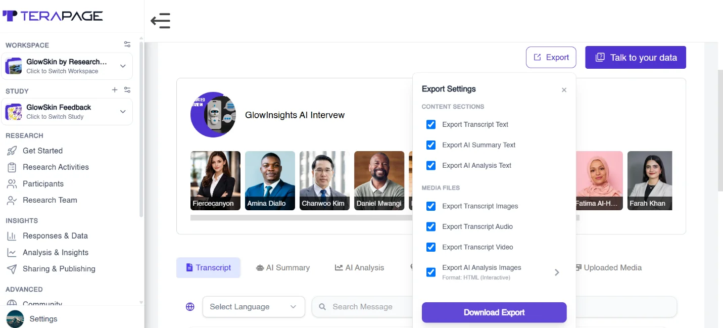 Figure 15: Transcripts, AI summaries, analysis and media can be exported in one step for reporting.