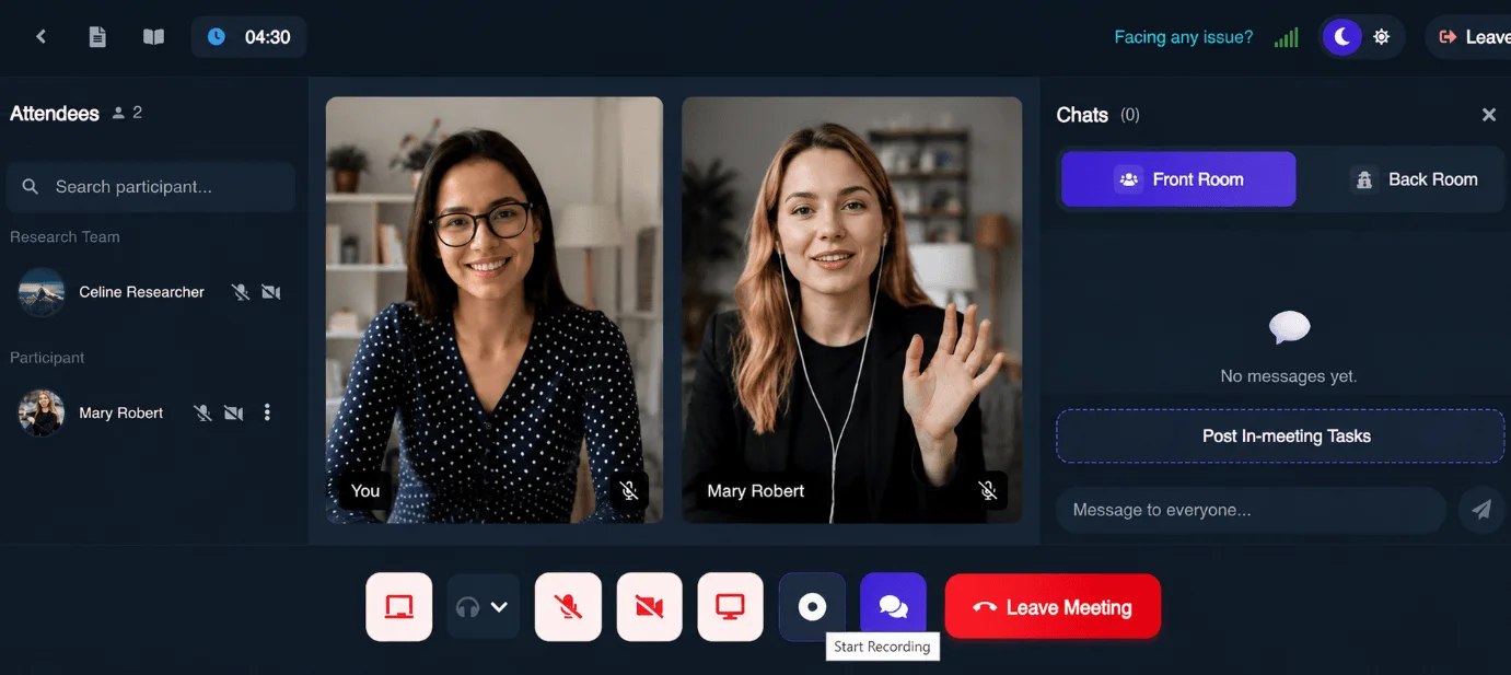 Figure 19: Live video IDIs connect researchers and participants in real time, with front-room and back-room chat.