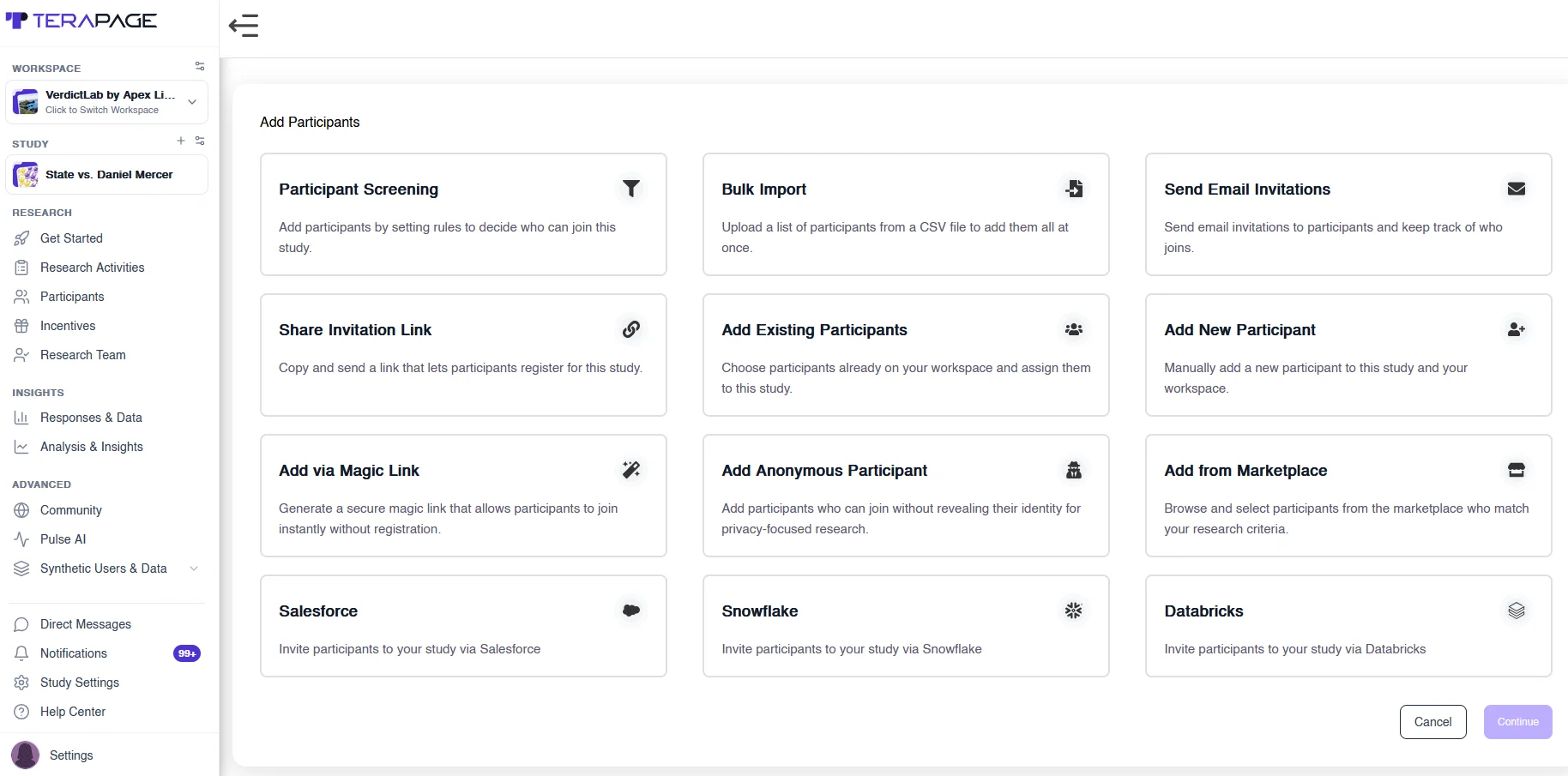 Figure 20: Researchers add real participants through screening, bulk import, invitations, shareable links, marketplace access or integrations.