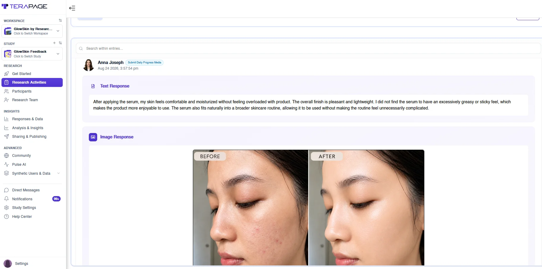 Figure 25: Real participant responses combine written feedback with before-and-after images, adding lived-experience evidence to a hybrid study.