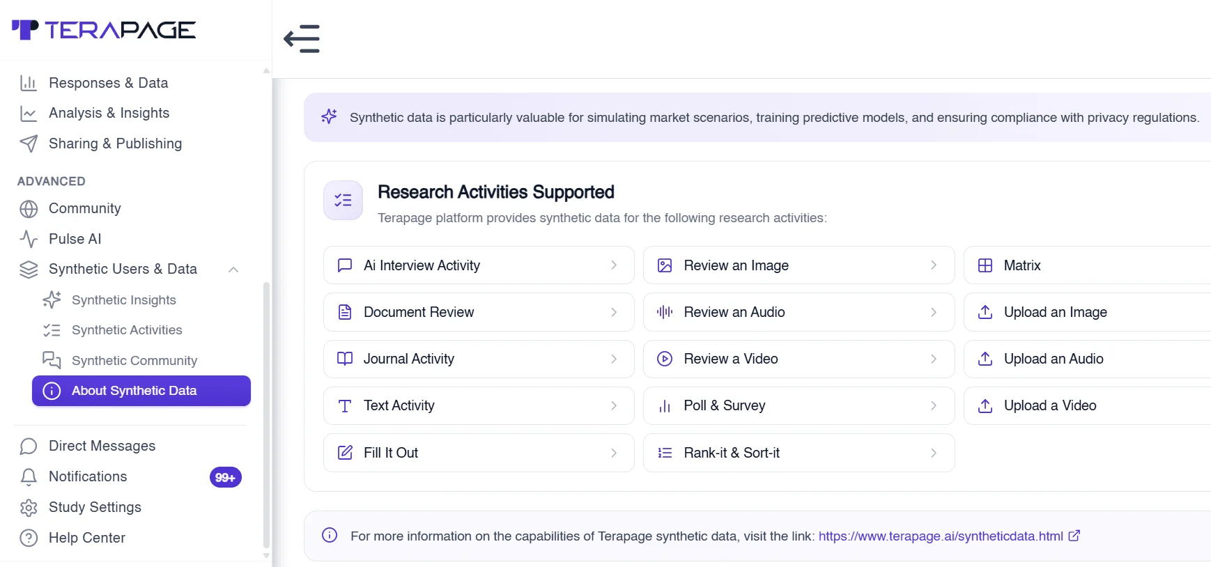 Figure 26: Terapage supports synthetic data across qualitative and quantitative research activities, from AI interviews and journals to polls, matrices and rankings.