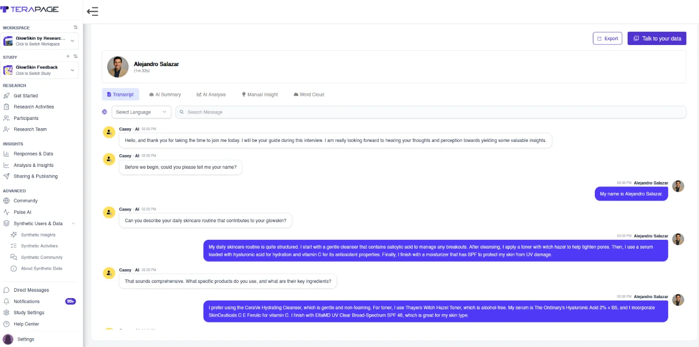 Figure 31: An AI-moderated interview transcript shows the AI moderator's questions and the participant's answers side by side.